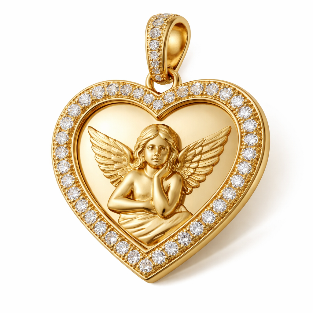 Gold heart pendant with guardian angel on surface and Pavé diamond border around heart, gold bale
Gold heart pendant with guardian angel on surface and Pavé diamond border around heart, gold bale, contemporary style