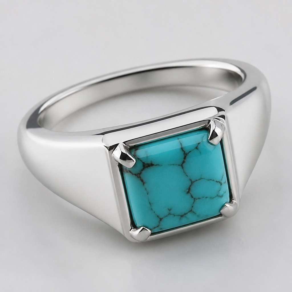 A women's ring made of silver. 9mm square signet ring with turquoise stone hold by prongs
photorealistic jewelry design, A women's ring made of silver. 9mm square signet ring with turquoise stone hold by prongs, modern style, just the design no text