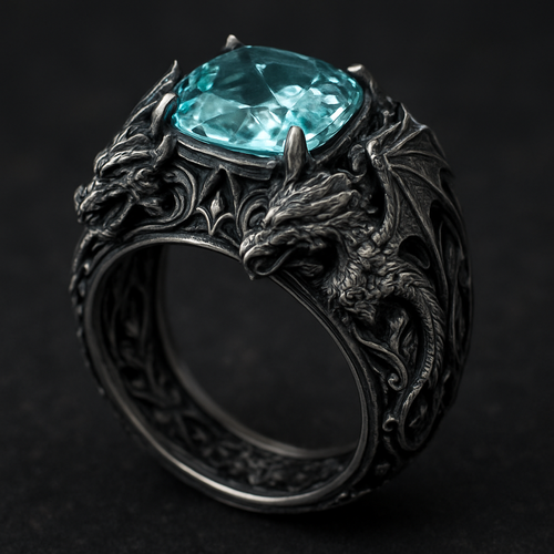 Aquamarine ring with inlays and dragon motifs