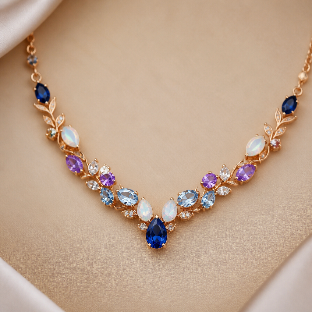 A modern women's necklace made of rose gold with sapphire and opal and amethyst and aquamarine stones suitable for wedding. thhu
photorealistic jewelry design, A modern women's necklace made of rose gold with sapphire and opal and amethyst and aquamarine stones suitable for wedding. thhu, modern style, just the design no text