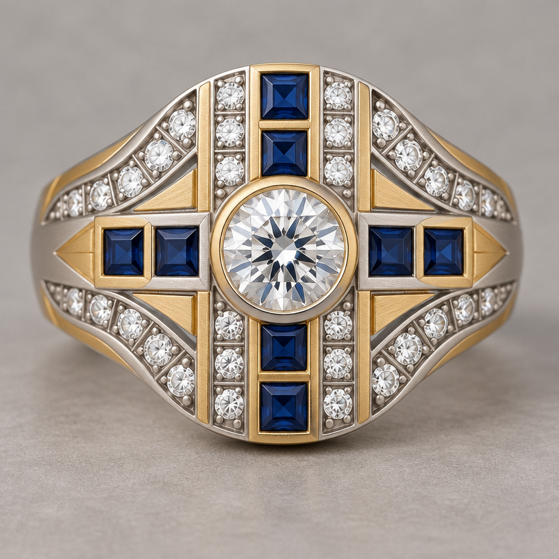 A art deco women's ring made of mixed metal with diamond and sapphire stones. design ring using 33 .10 carat diamonds, 7 .10 carat square sapphires, and one 1.0 carat round diamond. metals should be white and yellow gold with a matte finish. do not cluster gems.
using the attached image as a visual reference, create A art deco women's ring made of mixed metal with diamond and sapphire stones. design ring using 33 .10 carat diamonds, 7 .10 carat square sapphires, and one 1.0 carat round diamond. metals should be white and yellow gold with a matte finish. do not cluster gems.. photorealistic, just the design no text