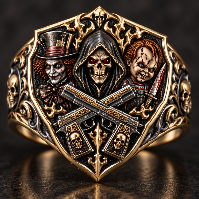 A signet women's ring made of mixed metal suitable for party, detailed and decorative, moderately ornate. madhatter a reaper and Chucky and 2 pistols crossing in a shield
using the attached image as a visual reference, create A signet women's ring made of mixed metal suitable for party, detailed and decorative, moderately ornate. madhatter a reaper and Chucky and 2 pistols crossing in a shield. photorealistic, just the design no text