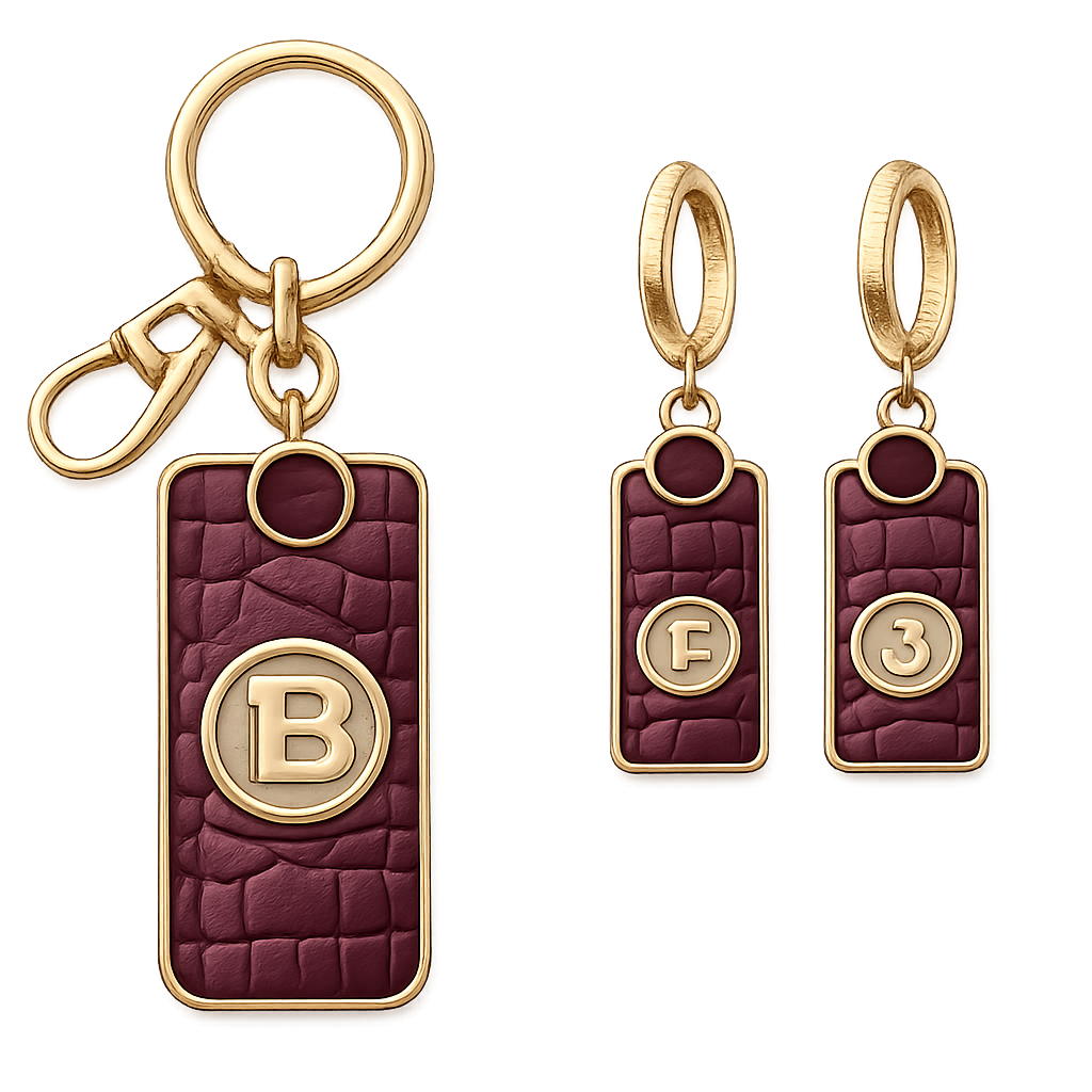 Create keychain for Brahmin with logo and with the crocodile leather patterns with garnets in gold with matching earrings