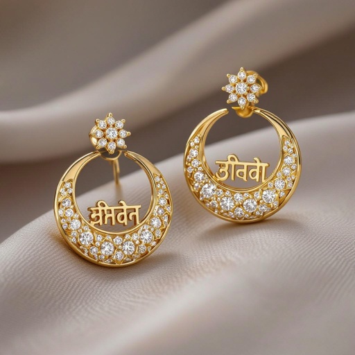 Серьги золотые в форме полумесяца с мантрами на санскрите