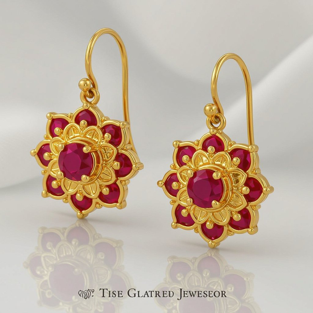 золотые матовые серьги в виде изображения чакры муладхары с красным камнем