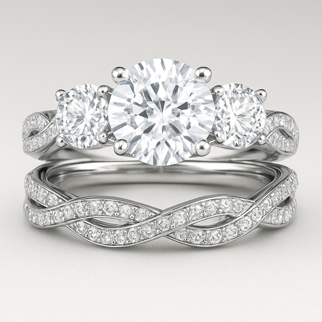 Elegant 4 carat tw 3 stone engagement ring with twisted pave band with matching wedding band