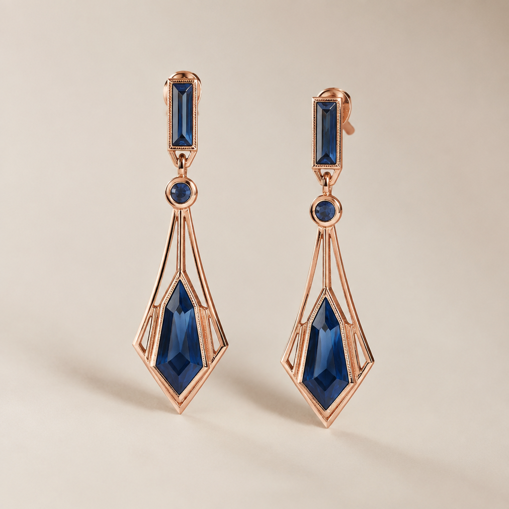A art deco women's earrings made of rose gold with sapphire stones, minimalist, simple and delicate, clean lines
photorealistic jewelry design, A art deco women's earrings made of rose gold with sapphire stones, minimalist, simple and delicate, clean lines, art_deco style, just the design no text
