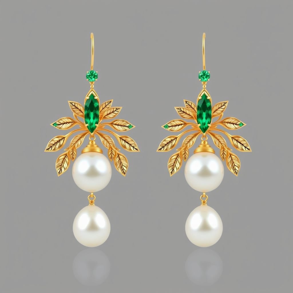And this piece has to be modern with emerald and Bahrain pearls I want to create an elegy piece of earrings that look time a palm tree to reflect the cultural heritage of Bahrain in a design very unique one of a few kind incite gold petals and gemstones