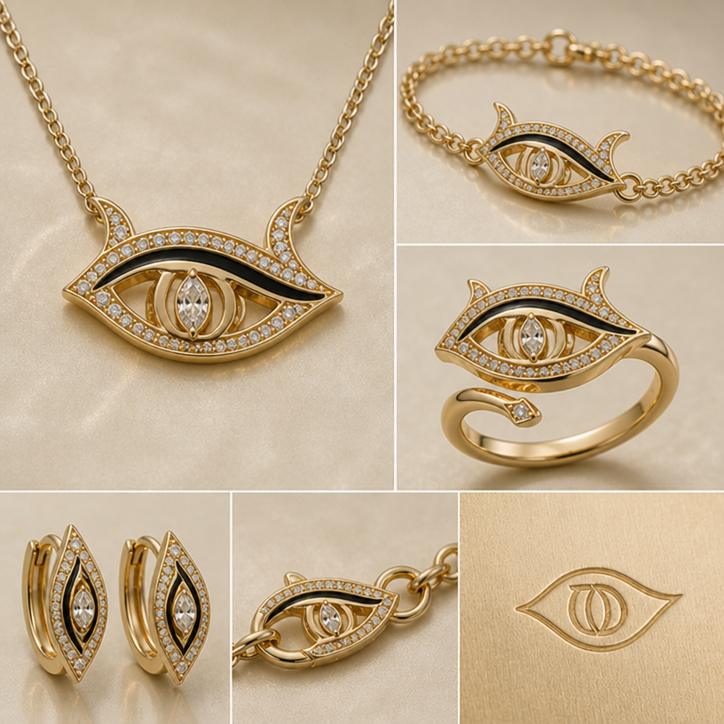 Ultra-luxury high jewelry concept board for DEEMA BAYYAA, featuring an abstract one-eye lynx/caracal inspired symbol, elegant almond-shaped protective gaze, subtle upper line flicks suggesting caracal ear tips, hidden D/DB monogram in inner curves, 18K champagne gold, pavé white diamonds, central marquise diamond or tiny emerald, black enamel shadow lines, applied to necklace pendant, bracelet charm, open ring, huggie earrings, clasp, and hallmark stamp, warm ivory background, timeless feminine global maison jewelry, not cartoon, not literal animal face.
edit the attached jewelry design with these instructions: Ultra-luxury high jewelry concept board for DEEMA BAYYAA, featuring an abstract one-eye lynx/caracal inspired symbol, elegant almond-shaped protective gaze, subtle upper line flicks suggesting caracal ear tips, hidden D/DB monogram in inner curves, 18K champagne gold, pavé white diamonds, central marquise diamond or tiny emerald, black enamel shadow lines, applied to necklace pendant, bracelet charm, open ring, huggie earrings, clasp, and hallmark stamp, warm ivory background, timeless feminine global maison jewelry, not cartoon, not literal animal face.. keep it photorealistic, just the design no text