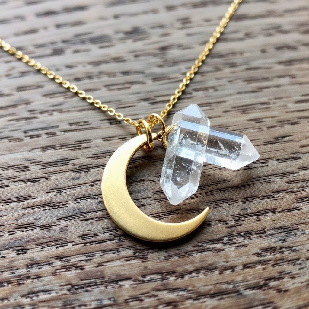 Прозрачный белый длинный кристалл горного хрусталя шестигранный золотой матовый тонкий полумесяц подвеска рядом все на одной цепочке