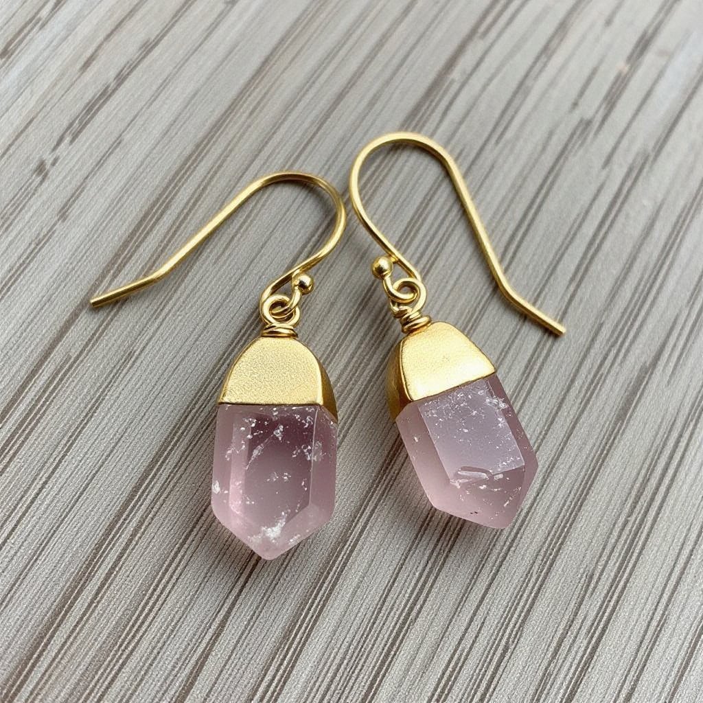 Серьги матовое золото с эффектом неровности Необработанный бледно розовый кварц в виде длинного кристалла