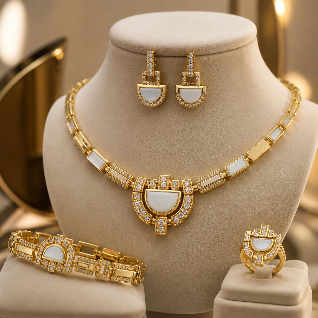 Prompt: A luxurious 21k yellow gold full jewelry set including a necklace, bracelet, ring, and earrings. The design features a modern geometric concept combining sharp geometric shapes with elegant semicircles. Embedded with brilliant, clean white ornamental gemstones and delicate white jade. Premium craftsmanship, warm rich gold tone, displayed on a minimalist beige velvet bust, professional jewelry photography, macro shot, soft studio lighting, high-end catalog style, 8k resolution. --ar 4:3 --v 6.0
photorealistic jewelry design, Prompt: A luxurious 21k yellow gold full jewelry set including a necklace, bracelet, ring, and earrings. The design features a modern geometric concept combining sharp geometric shapes with elegant semicircles. Embedded with brilliant, clean white ornamental gemstones and delicate white jade. Premium craftsmanship, warm rich gold tone, displayed on a minimalist beige velvet bust, professional jewelry photography, macro shot, soft studio lighting, high-end catalog style, 8k resolution. --ar 4:3 --v 6.0, medieval style, just the design no text