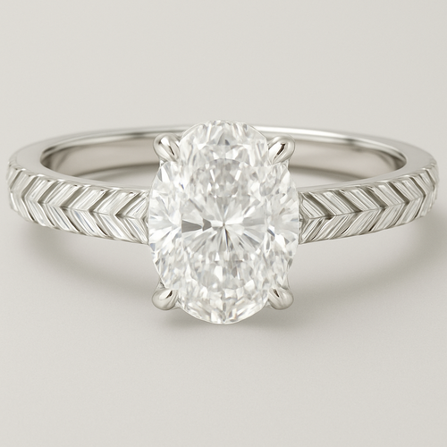 Herringbone baguette band with a 2ct oval center diamond 