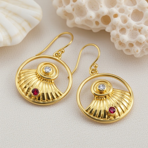 Золотые серьги в виде спиральной ракушки украшенной тремя маленькими камнями 