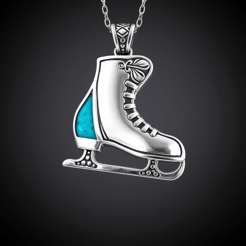 Silver Pendant shape one ice skate with turquoise stripe inside the low thin part blade 