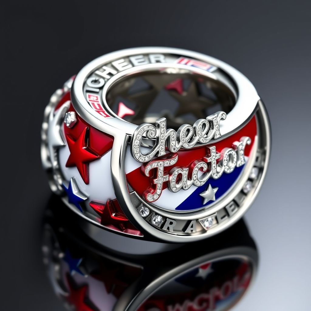 Red white and blue medal ring that says cheer factor