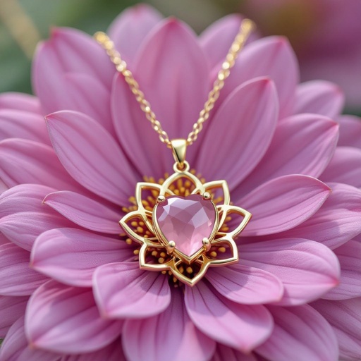 Золотая матовая цепочка. Подвеска лотос шесть лепестков. В сердце лотоса матовый розовый кварц овальный