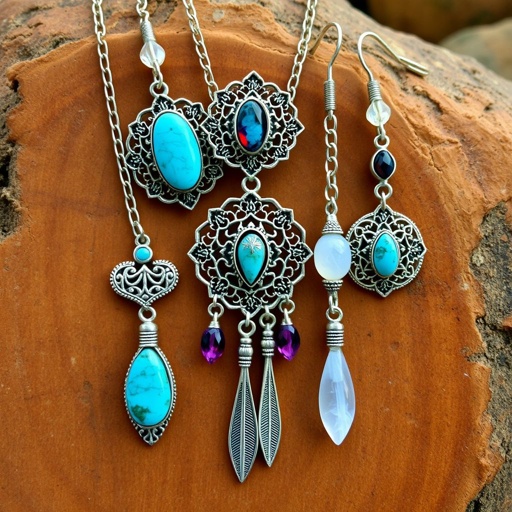 Boho sterling silver jewelry set with gorgeous gems and diamonds.