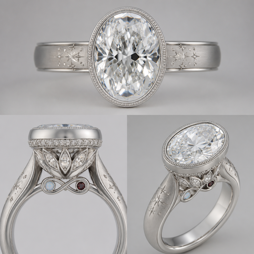 A women's ring, highly ornate, intricate and elaborate, richly detailed. Center Stone
16 × 11 mm oval diamond (~10 ct)
Set as low as structurally possible
Perfectly centered
Full bezel setting
Fine hand-applied milgrain around the bezel
The bezel should be delicate enough to frame the diamond without making it appear smaller.
Top View
This is extremely important.
From the top, I want the ring to appear clean and uninterrupted.
No visible hidden halo
No accent diamonds visible
No decorative elements competing with the center stone
The eye should immediately go to the oval diamond
Side Profile
The side should reveal the craftsmanship gradually.
Hidden halo tucked completely underneath the bezel
Visible only from the side
Smaller and more delicate than a traditional hidden halo
The hidden halo should feel like a surprise rather than a feature.
Lotus Basket
This is the heart of the design.
Six elongated marquise diamonds
Arranged as lotus petals
Petals should flow seamlessly into the shoulders
No abrupt transitions
The basket should look sculpted from one continuous piece of platinum
I want the lotus to feel architectural rather than ornamental.
Band
Platinum
4 mm width at the shoulders
Softly tapered toward the base
Comfort fit
Soft euro shank
Satin/brushed finish
Thin polished edge along each side of the band to frame the brushed finish
Celestial Theme
I want the celestial inspiration to be subtle.
Instead of repeating stars:
Sparse constellation-inspired hand engraving
Tiny polished dots
Very delicate engraved starbursts
Concentrated near the shoulders
Gradually fading into a plain band
The engraving should resemble a quiet night sky rather than a pattern.
Bridge
This should be the most personal part of the ring.
Instead of engraving an infinity symbol, I want the bridge itself to become an elegant infinity-shaped structure.
Inside the loops:
One tiny bezel-set opal
One tiny bezel-set garnet
These represent my husband and me.
If structurally feasible, I'd also like to explore placing a tiny flush-set diamond where the two loops intersect to represent our son.
The bridge should remain refined and not feel busy.
Finish
The ring should have contrast.
Satin brushed platinum on the band
High-polish bezel
High-polish basket
High-polish milgrain
High-polish edges on the band
This contrast should create visual depth without adding extra decoration.
Engineering Priorities
Comfortable for everyday wear
Built to support a 16 × 11 mm oval securely
Basket engineered for long-term durability
Euro shank sized to reduce spinning
Strong enough to become an heirloom
Design Priorities
From most important to least:
Center oval diamond
Milgrain bezel
Lotus basket
Hidden halo
Brushed platinum finish
Celestial shoulder engraving
Infinity bridge with birthstones
Every element below should support—not compete with—the element above it.
photorealistic jewelry design, A women's ring, highly ornate, intricate and elaborate, richly detailed. Center Stone
16 × 11 mm oval diamond (~10 ct)
Set as low as structurally possible
Perfectly centered
Full bezel setting
Fine hand-applied milgrain around the bezel
The bezel should be delicate enough to frame the diamond without making it appear smaller.
Top View
This is extremely important.
From the top, I want the ring to appear clean and uninterrupted.
No visible hidden halo
No accent diamonds visible
No decorative elements competing with the center stone
The eye should immediately go to the oval diamond
Side Profile
The side should reveal the craftsmanship gradually.
Hidden halo tucked completely underneath the bezel
Visible only from the side
Smaller and more delicate than a traditional hidden halo
The hidden halo should feel like a surprise rather than a feature.
Lotus Basket
This is the heart of the design.
Six elongated marquise diamonds
Arranged as lotus petals
Petals should flow seamlessly into the shoulders
No abrupt transitions
The basket should look sculpted from one continuous piece of platinum
I want the lotus to feel architectural rather than ornamental.
Band
Platinum
4 mm width at the shoulders
Softly tapered toward the base
Comfort fit
Soft euro shank
Satin/brushed finish
Thin polished edge along each side of the band to frame the brushed finish
Celestial Theme
I want the celestial inspiration to be subtle.
Instead of repeating stars:
Sparse constellation-inspired hand engraving
Tiny polished dots
Very delicate engraved starbursts
Concentrated near the shoulders
Gradually fading into a plain band
The engraving should resemble a quiet night sky rather than a pattern.
Bridge
This should be the most personal part of the ring.
Instead of engraving an infinity symbol, I want the bridge itself to become an elegant infinity-shaped structure.
Inside the loops:
One tiny bezel-set opal
One tiny bezel-set garnet
These represent my husband and me.
If structurally feasible, I'd also like to explore placing a tiny flush-set diamond where the two loops intersect to represent our son.
The bridge should remain refined and not feel busy.
Finish
The ring should have contrast.
Satin brushed platinum on the band
High-polish bezel
High-polish basket
High-polish milgrain
High-polish edges on the band
This contrast should create visual depth without adding extra decoration.
Engineering Priorities
Comfortable for everyday wear
Built to support a 16 × 11 mm oval securely
Basket engineered for long-term durability
Euro shank sized to reduce spinning
Strong enough to become an heirloom
Design Priorities
From most important to least:
Center oval diamond
Milgrain bezel
Lotus basket
Hidden halo
Brushed platinum finish
Celestial shoulder engraving
Infinity bridge with birthstones
Every element below should support—not compete with—the element above it., modern style, just the design no text