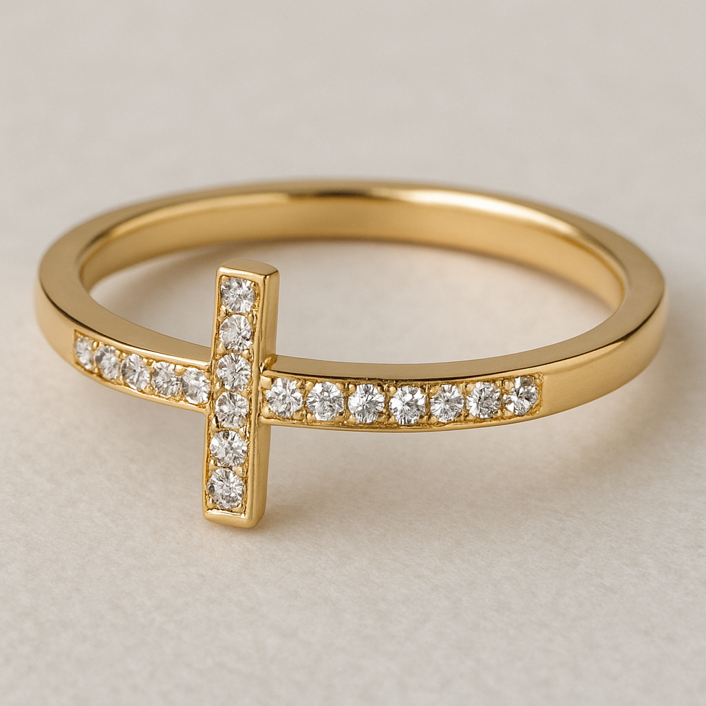 pave t bar ring with diamond on one side