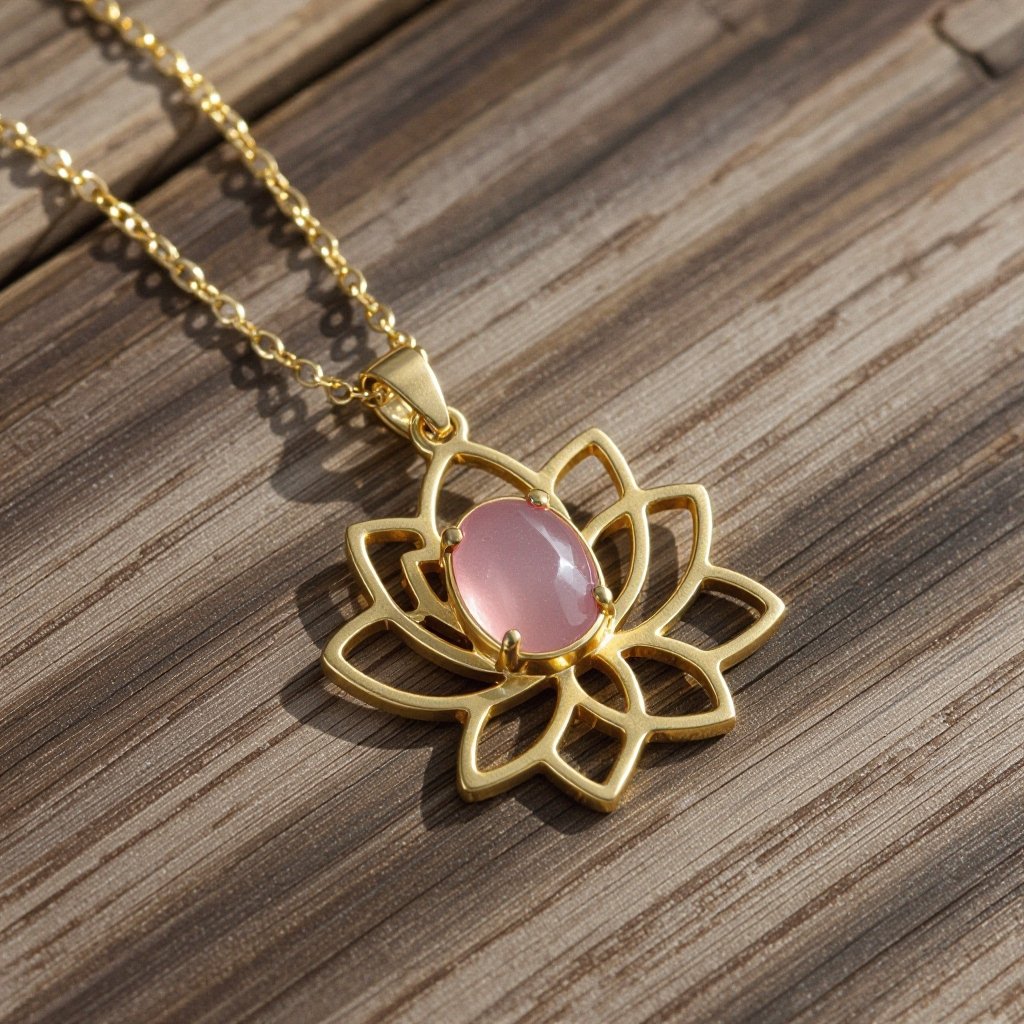 Золотая матовая цепочка. Подвеска матовая лотос шесть лепестков нижние лепестки крупнее верхних  не круглый . В сердце лотоса матовый розовый кварц овальный