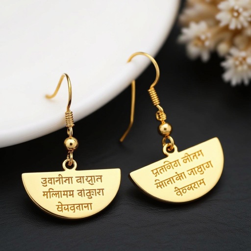 Серьги золотые в форме полукруга, полукруг как продолжение застежки, на полукруге надписи мантрами на санскрите