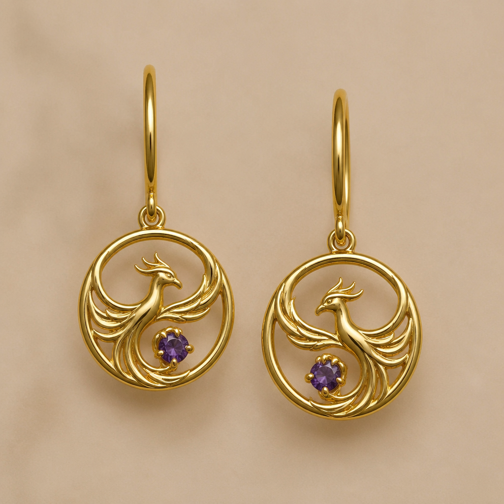A minimalist women's earrings made of gold with amethyst stones suitable for daily wear. fio dourado, ouro, a joia em si, um circulo com a fenix no centro segurando a oedra pequena amethist. Um fio dimples para usar no dia a dia com um toque de charm
photorealistic jewelry design, A minimalist women's earrings made of gold with amethyst stones suitable for daily wear. fio dourado, ouro, a joia em si, um circulo com a fenix no centro segurando a oedra pequena amethist. Um fio dimples para usar no dia a dia com um toque de charm, minimalist style, just the design no text