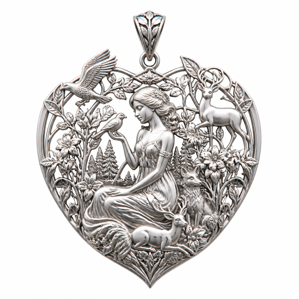 A art deco women's pendant made of silver suitable for festival. An extraordinary excellent beautiful and delicate, super modern pendant with all the elements of nature, with all the animals, with all the plants and with all the flowers of the forest of the mountains, without stones, without background only the pendant, all the animals, plants, trees, flowers, women to be like statues.
photorealistic jewelry design, A art deco women's pendant made of silver suitable for festival. An extraordinary excellent beautiful and delicate, super modern pendant with all the elements of nature, with all the animals, with all the plants and with all the flowers of the forest of the mountains, without stones, without background only the pendant, all the animals, plants, trees, flowers, women to be like statues., art_deco style, just the design no text