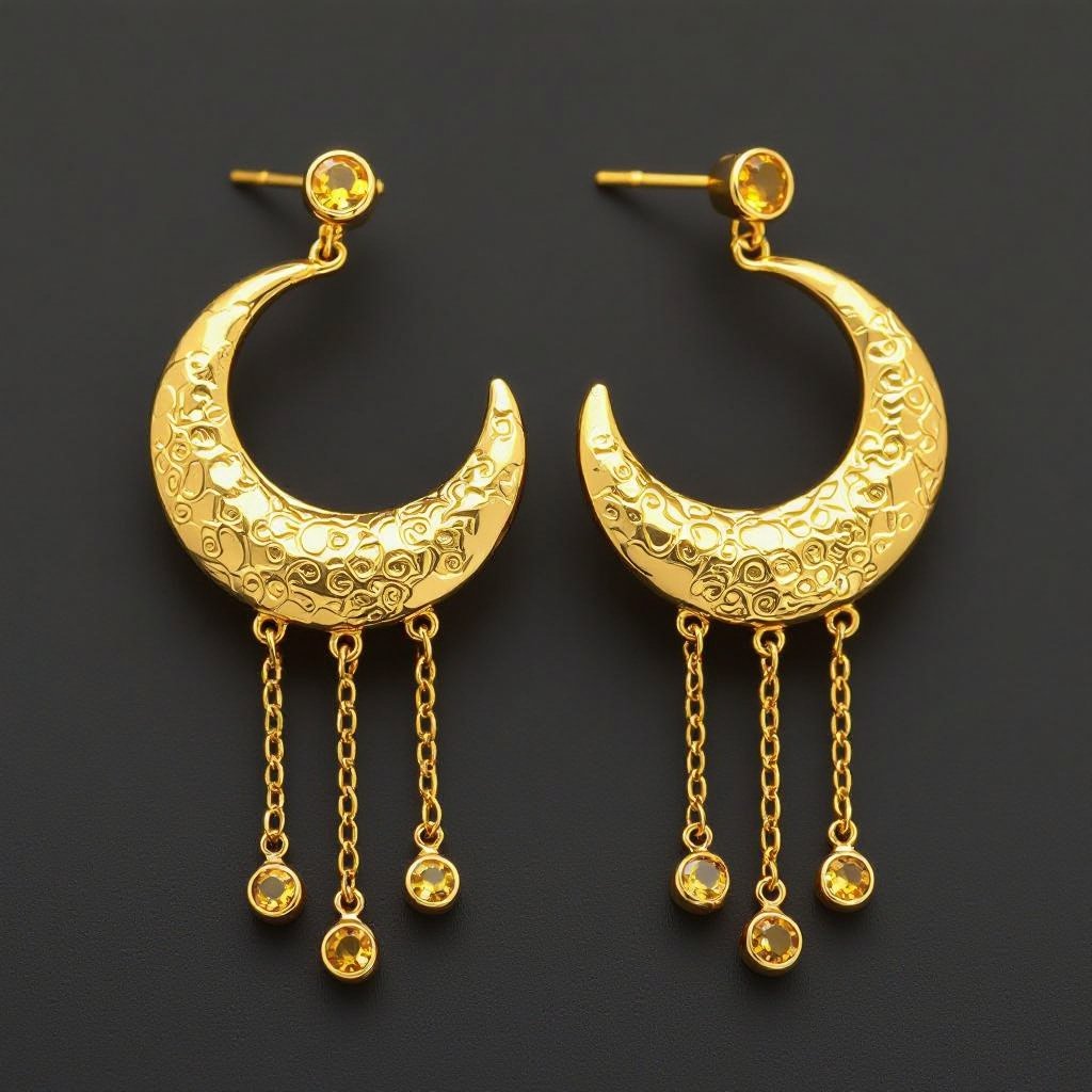 Золотые серьги словно мятое золото в форме узкого изящного полумесяца. Верхушка полумесяца крепится к застежке серьги.  От полумесяца идет три цепочки, у каждой на конце мелкий камушек цитрин