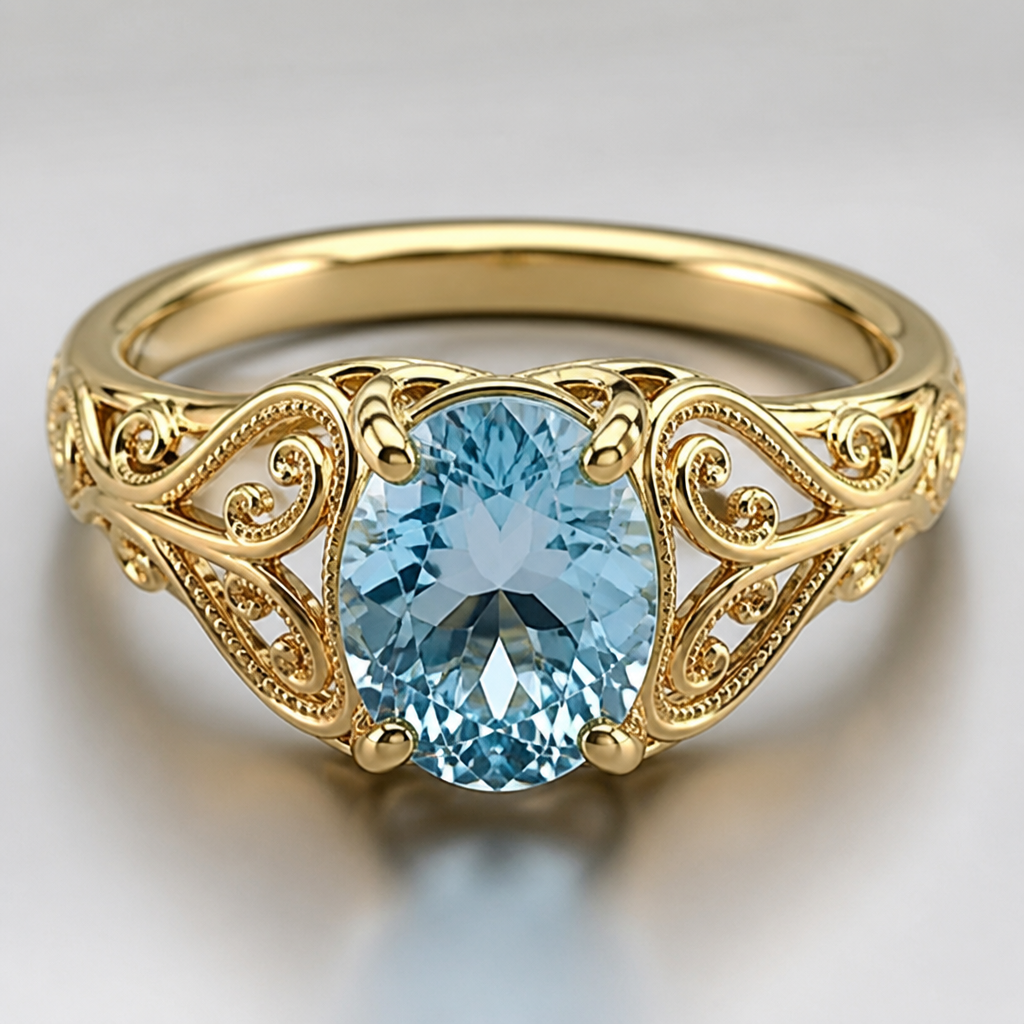 A classic women's ring made of gold with aquamarine stones. crea un anello solitario elegante con ricami stupendi
photorealistic jewelry design, A classic women's ring made of gold with aquamarine stones. crea un anello solitario elegante con ricami stupendi, classic style, just the design no text