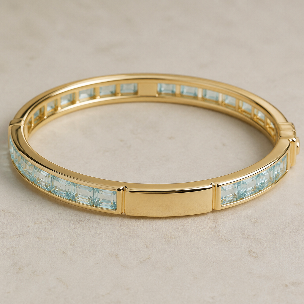 A modern women's bracelet made of gold with aquamarine stones. um bracelete com detalhes em pedra
photorealistic jewelry design, A modern women's bracelet made of gold with aquamarine stones. um bracelete com detalhes em pedra, modern style, just the design no text