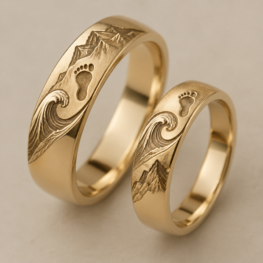 A women's ring, detailed and decorative, moderately ornate. Diseño:
Queremos que las piezas, al estar una arriba de la otra, tengan 2 elementos que se unan.
Primer elemento una ola 🌊
Segundo elemento una montaña ⛰️
Adicional queremos que tengan la huella del otro
En el anillo del novio, la huella de la novia
En el anillo de la novia. La huella del novio
Y también tengan las 4 letras del nombre.
En el anillo del novio- se escribe dani.
En el anillo de la novia - se escribe alex
*todo esto para que esté en el anillo por fuera en una sola cara, no en todo el anillo*
pero los dibujos los quiero a los diagonal en ese orden y que cada mitad que en cada anillo
las huellas son de ser humano
quiero en oro y sin piedras solo las imágenes
photorealistic jewelry design, A women's ring, detailed and decorative, moderately ornate. Diseño:
Queremos que las piezas, al estar una arriba de la otra, tengan 2 elementos que se unan.
Primer elemento una ola 🌊
Segundo elemento una montaña ⛰️
Adicional queremos que tengan la huella del otro
En el anillo del novio, la huella de la novia
En el anillo de la novia. La huella del novio
Y también tengan las 4 letras del nombre.
En el anillo del novio- se escribe dani.
En el anillo de la novia - se escribe alex
*todo esto para que esté en el anillo por fuera en una sola cara, no en todo el anillo*
pero los dibujos los quiero a los diagonal en ese orden y que cada mitad que en cada anillo
las huellas son de ser humano
quiero en oro y sin piedras solo las imágenes, modern style, just the design no text