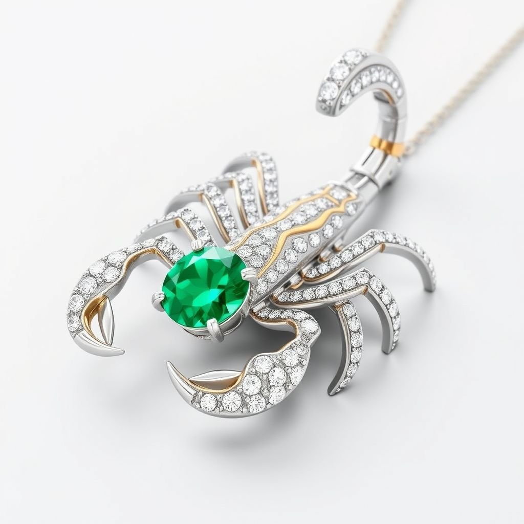 Modern scorpion pendant of white diamonds  featuring asymmetrical angles and a polished finish. Use a combination of brushed matte silver and high-shine gold accents for contrast. Incorporate a single, oval-cut gemstone-perhaps a striking emerald-set at an unconventional angle, creating a bold focal point that exudes contemporary elegance and sophistication.