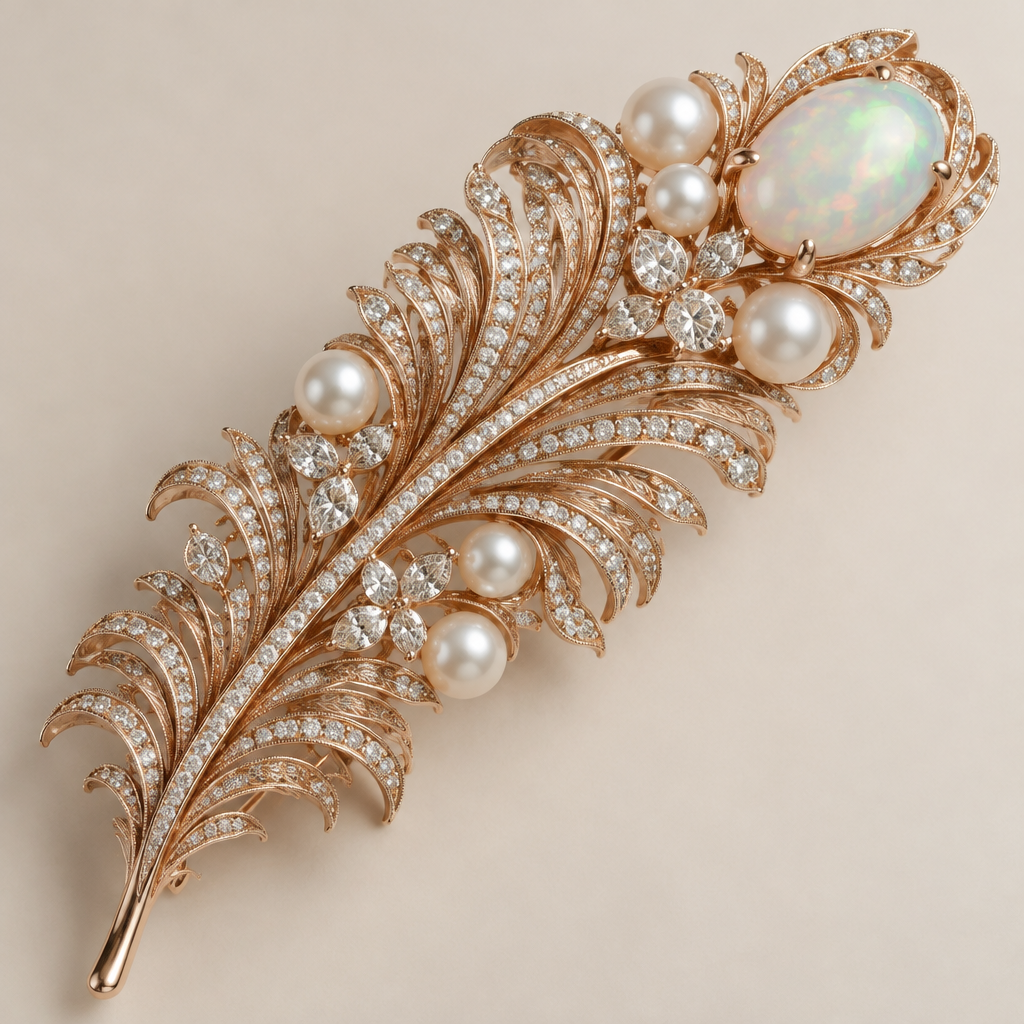A classic women's brooch made of rose gold with diamond and pearl and opal stones suitable for birthday, highly ornate, intricate and elaborate, richly detailed. feather
photorealistic jewelry design, A classic women's brooch made of rose gold with diamond and pearl and opal stones suitable for birthday, highly ornate, intricate and elaborate, richly detailed. feather, classic style, just the design no text
