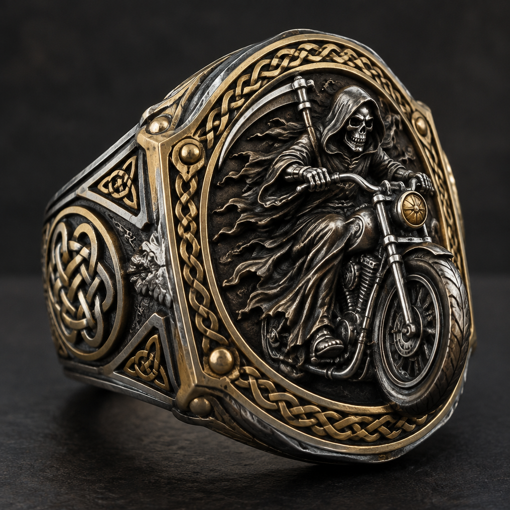 A celtic men's ring made of mixed metal suitable for formal, detailed and decorative, moderately ornate. reaper on a motorcycle
photorealistic jewelry design, A celtic men's ring made of mixed metal suitable for formal, detailed and decorative, moderately ornate. reaper on a motorcycle, celtic style, just the design no text