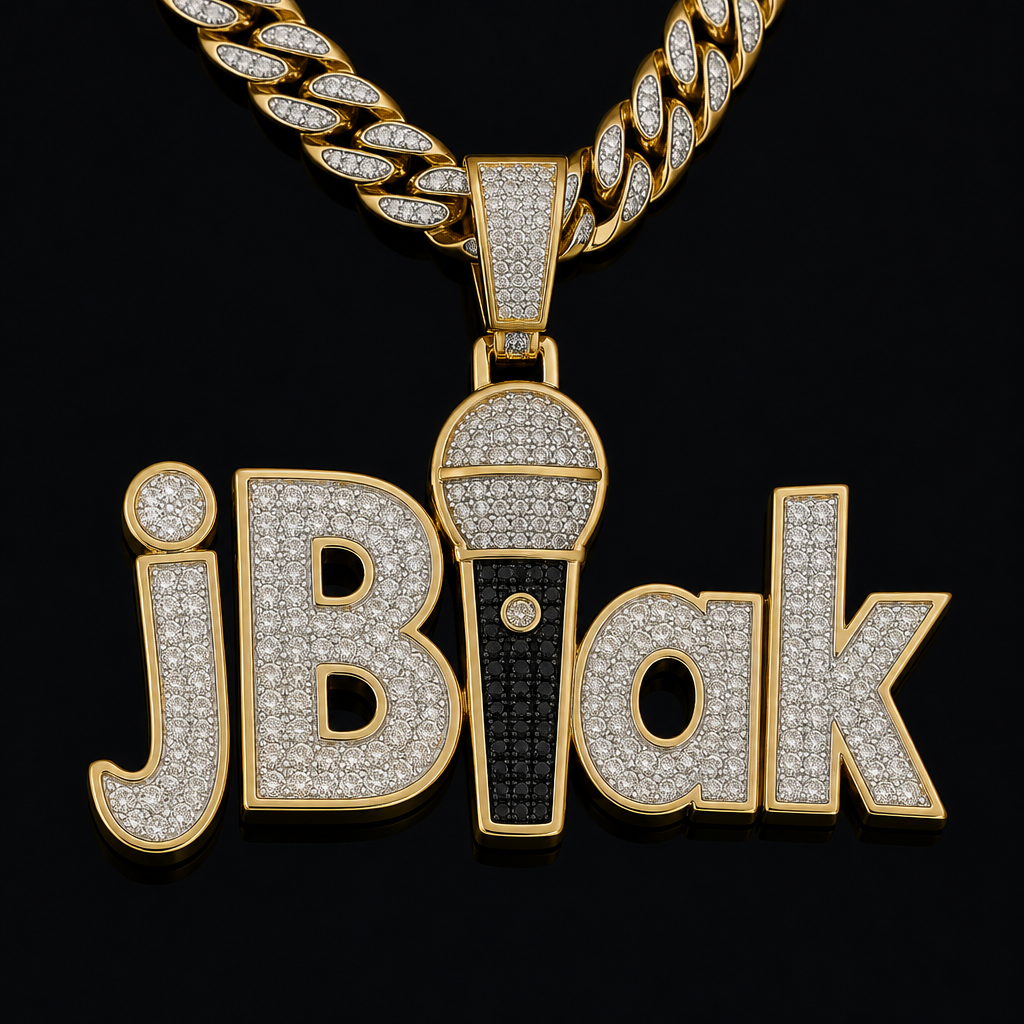 A bezel-set men's pendant made of mixed metal. A big chunky chain and pendant with the name j Blak with the letter l in black a microphone encrusted with diamonds
photorealistic jewelry design, A bezel-set men's pendant made of mixed metal. A big chunky chain and pendant with the name j Blak with the letter l in black a microphone encrusted with diamonds, bezel_set style, just the design no text