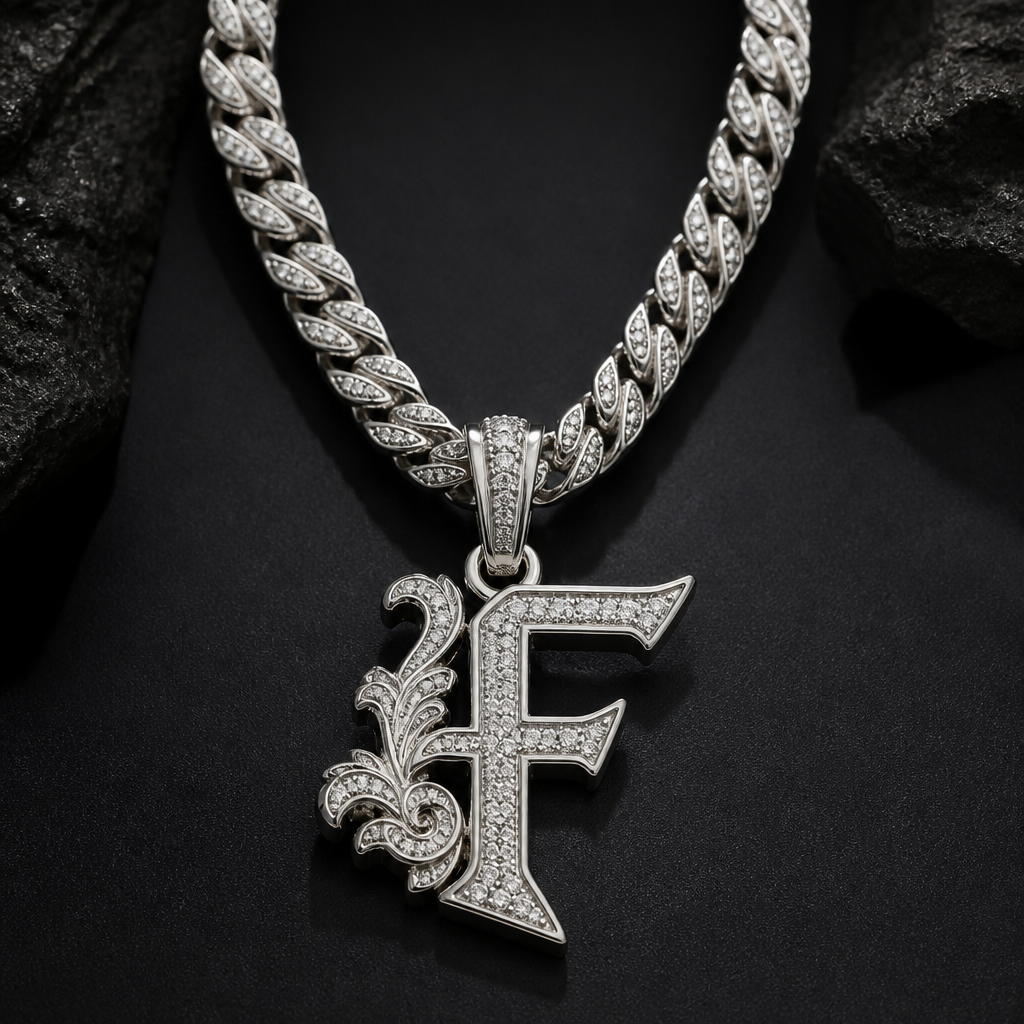 A modern men's necklace made of silver with diamond stones, detailed and decorative, moderately ornate. a Roman fashion chain . with a big stylish F
photorealistic jewelry design, A modern men's necklace made of silver with diamond stones, detailed and decorative, moderately ornate. a Roman fashion chain . with a big stylish F, modern style, just the design no text