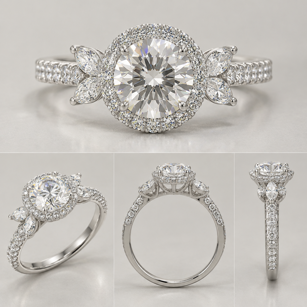 18kt white gold, 3ct Center stone round halo diamond, two marquise diamonds on each side of center stone (0.5ct), pave band
photorealistic jewelry design, 18kt white gold, 3ct Center stone round halo diamond, two marquise diamonds on each side of center stone (0.5ct), pave band, bespoke style, just the design no text