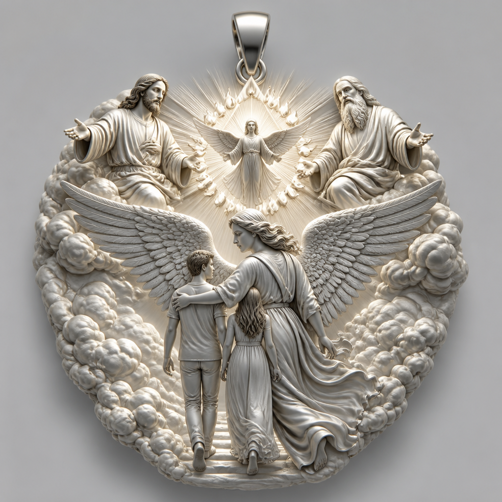 A modern women's pendant made of silver suitable for festival. An extraordinary excellent beautiful delicate and elegant pendant with the Guardian Angel with a beautiful delicate and elegant face, with long hair, with big wings flying, with a beautiful delicate elegant and with beautiful curves at her body, with a beautiful delicate and elegant tunic holding a child and an adult with its hands protecting them and guiding them on the way of the Holy Trinity. Sawing the way of the Holy Trinity in front of them God the Father, God the Son and God the Holy Spirit, the Holy Spirit to be as an Angel with a dove under the Angel surrounded by tongues of fire radiating light to the persons and the Guardian Angel, without the surrounding metals of the pendant. All the persons and the surrounding area to be 3D like statues. With less metal of the pendant and more accurate persons and only the persons and the clouds and the rayes of light. Less metal at the pendant and more 3D persons to be seen all the persons 3D. The persons to be sawn going straight on the way to the Holy Trinity. Part of the face of the persons to be seen.