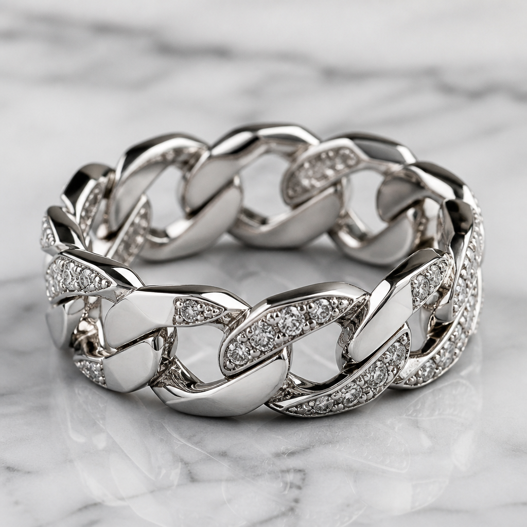 A geometric women's ring made of silver suitable for daily wear, detailed and decorative, moderately ornate. cadena cubana, con diamantes y oro blanco
photorealistic jewelry design, A geometric women's ring made of silver suitable for daily wear, detailed and decorative, moderately ornate. cadena cubana, con diamantes y oro blanco, geometric style, just the design no text