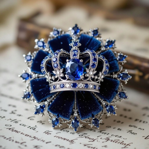 Blue Saphire Stone mit Silber als base und Navy Blue Stoff an einer Krone