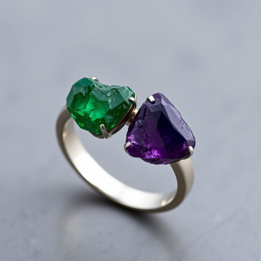 Craft a minimalist silver adjustable ring that delicately embraces the finger. Feature two striking raw natural gemstones—allowing their organic textures and colors to stand out. The design exudes earthy elegance, merging modern style with raw, untamed nature.