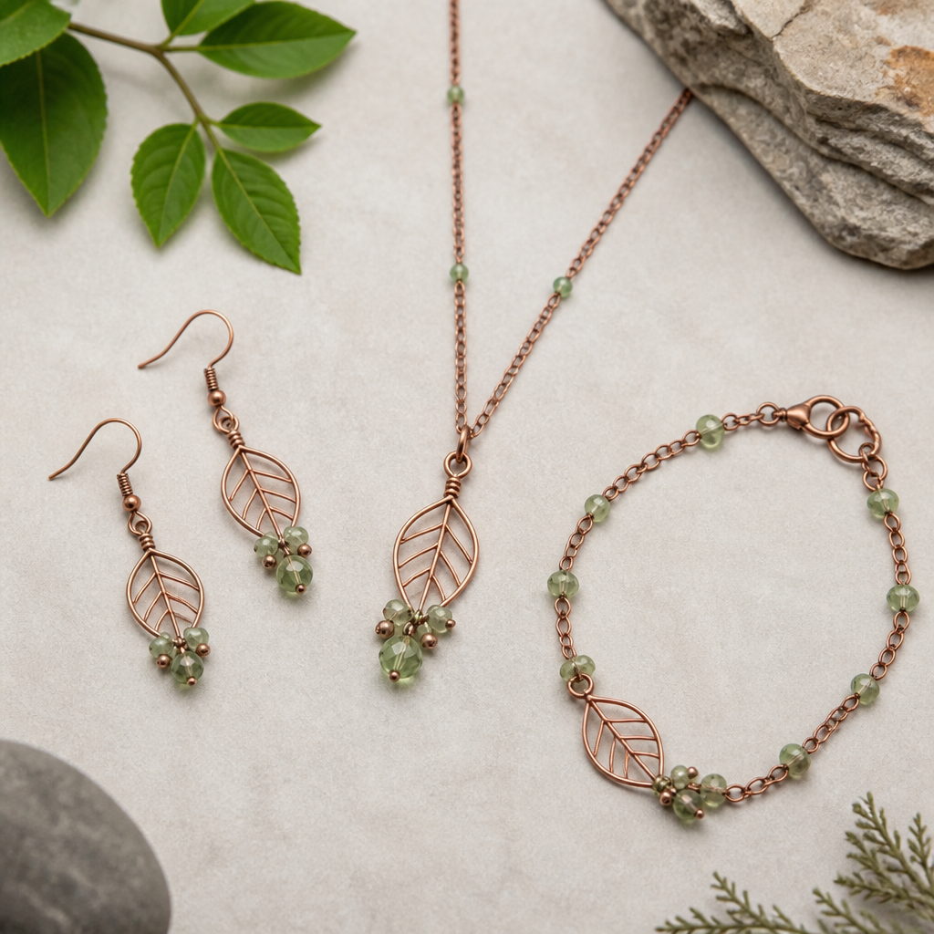 A nature women's earrings made of copper suitable for daily wear, minimalist, simple and delicate, clean lines. made from wire, seed beads and crystal beads a set of earrings with matching bracelet and necklace
photorealistic jewelry design, A nature women's earrings made of copper suitable for daily wear, minimalist, simple and delicate, clean lines. made from wire, seed beads and crystal beads a set of earrings with matching bracelet and necklace, nature_inspired style, just the design no text