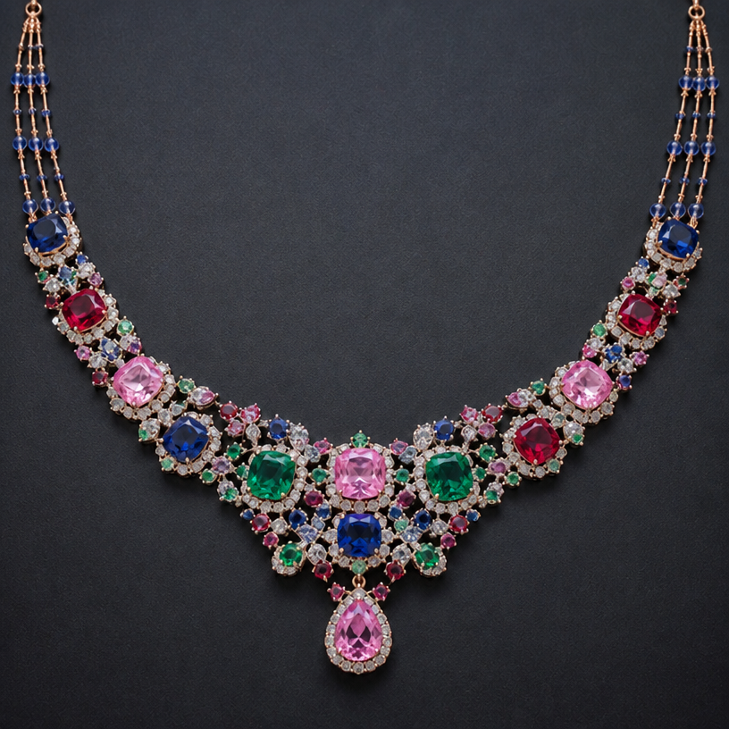 Add in stringy rose gold topped with lapis
edit the attached jewelry design with these instructions: Add in stringy rose gold topped with lapis. keep it photorealistic, just the design no text