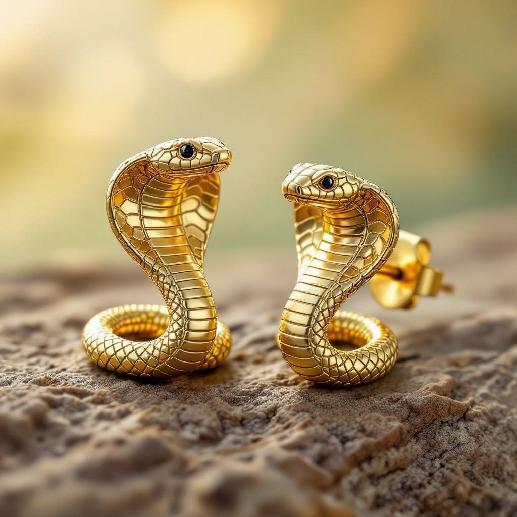 Небольшие золотые матовые серьги в виде кобры с открытым капюшоном