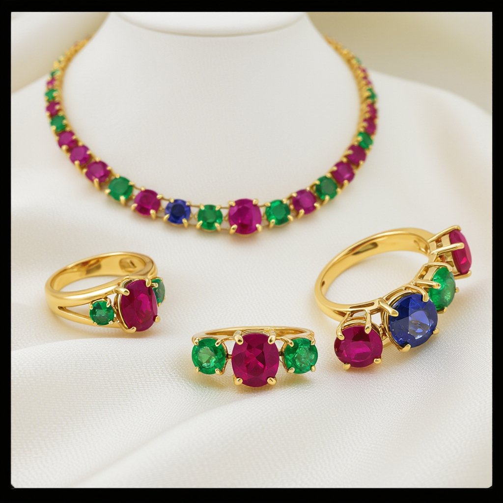 Necklace and ring and earring with luxury colorful jewel with gold