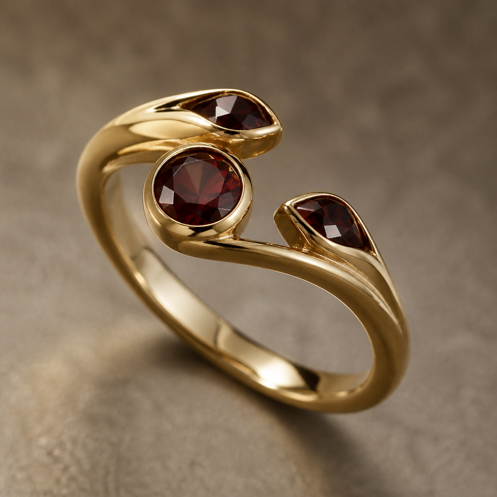 A modern women's ring made of gold with garnet stones
photorealistic jewelry design, A modern women's ring made of gold with garnet stones, modern style, just the design no text