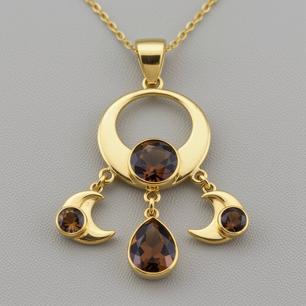 Подвеска из трех полумесяцев с узорами и камнями раухтопаза из матового неровного светлого золота с узорами соединенных цепочкой сверху самый широкий полукруг дальше средний и снизу самый маленький