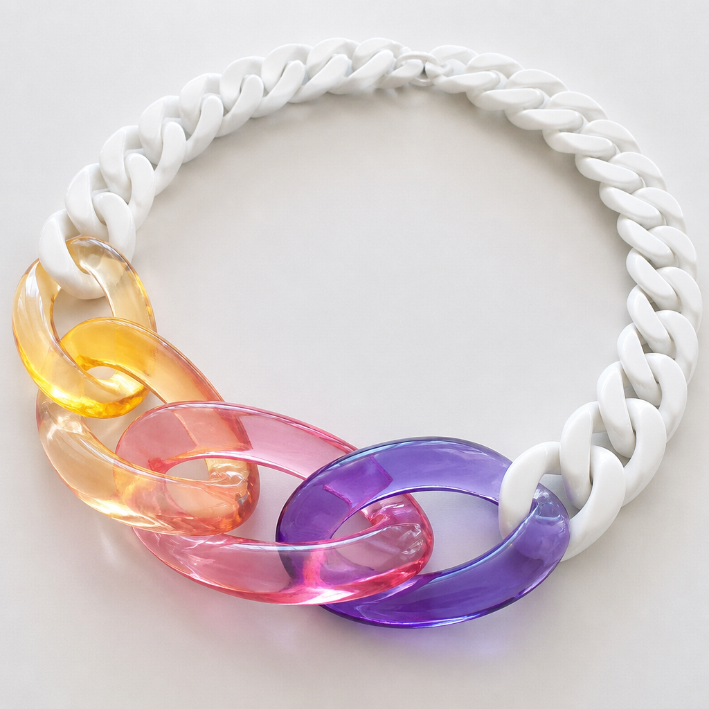 A women's necklace. create a chunky Cuban links style plastic necklace that is graduated and exaggerated in the first three links of translucent colors with the back part white and the front is clear
photorealistic jewelry design, A women's necklace. create a chunky Cuban links style plastic necklace that is graduated and exaggerated in the first three links of translucent colors with the back part white and the front is clear, modern style, just the design no text