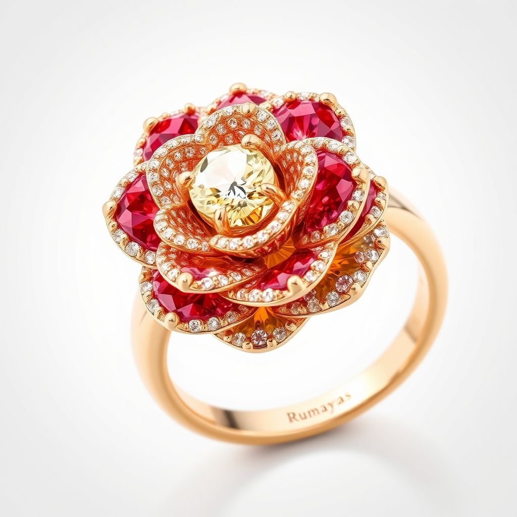 Rose shape natural diamond fancy colours stone fixed on gold plated  written logo name “rumayas” can you design for me 